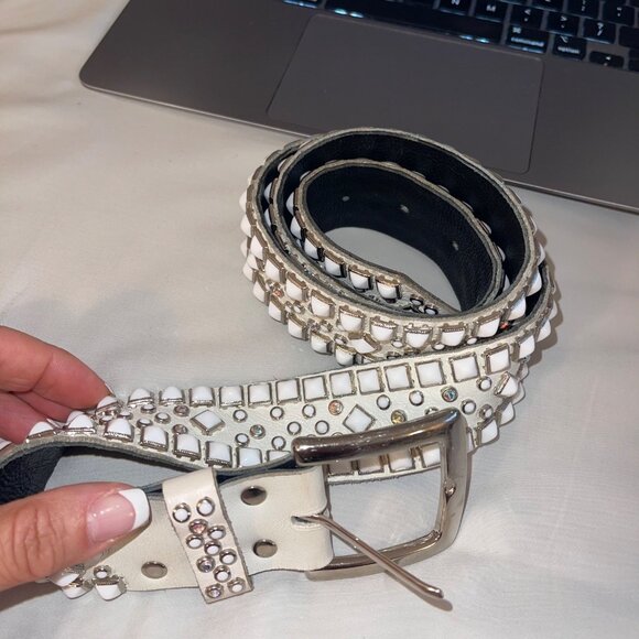 Rn Design Womens Belt Size Large White Leather Studded Swarosky Crystals main image 5
